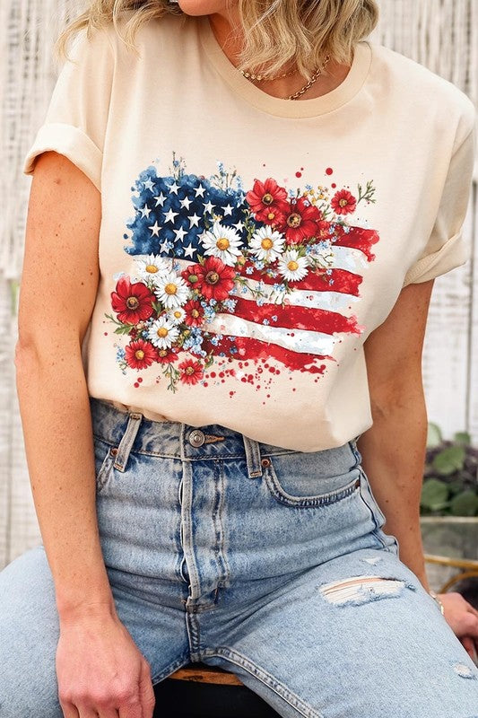 Floral American Flag Graphic Plus Tee
