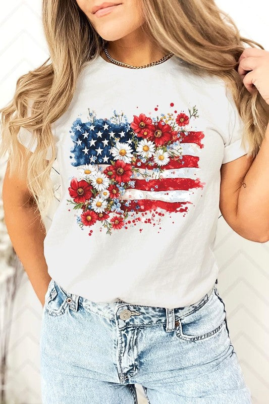 Floral American Flag Graphic Plus Tee