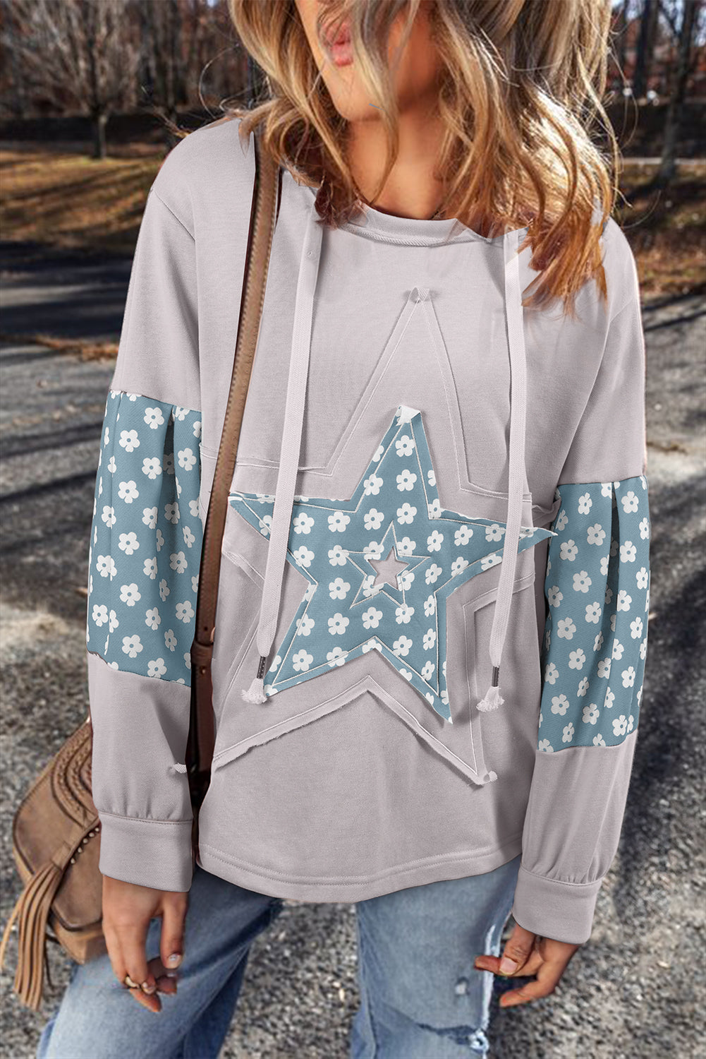 Beau Blue Floral Patchwork Star Pattern Drawstring Hoodie Aaria Tees