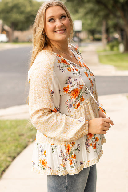 White Plus Size Floral Print V Neck Puff Sleeve Blouse Aaria Tees