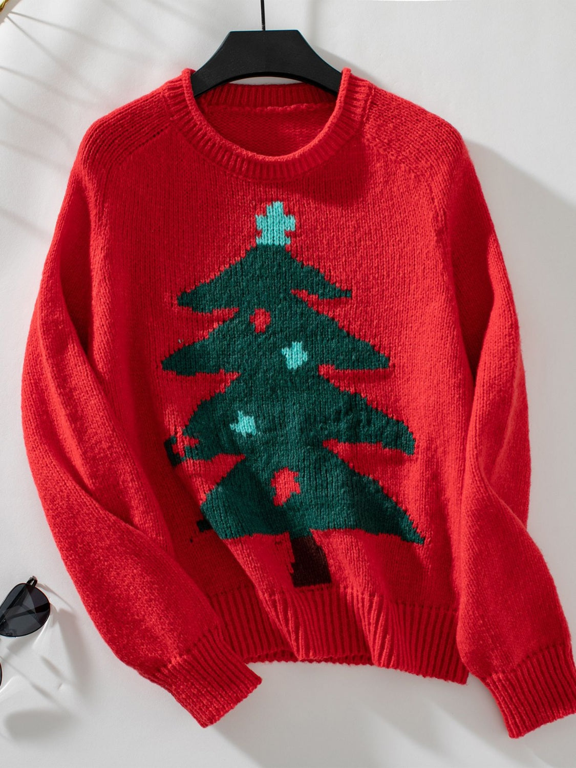 Christmas Tree Round Neck Raglan Sleeve Sweater