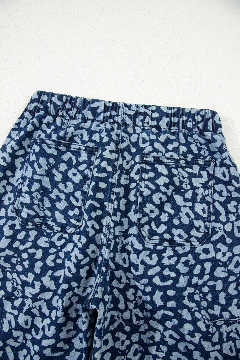 Blue Leopard Printed Drawstring Waist Pocketed Wide Leg Jeans