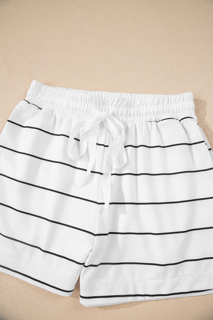 White Stripe Zip up Drop Shoulder Pullover and Short 2pcs Outfit