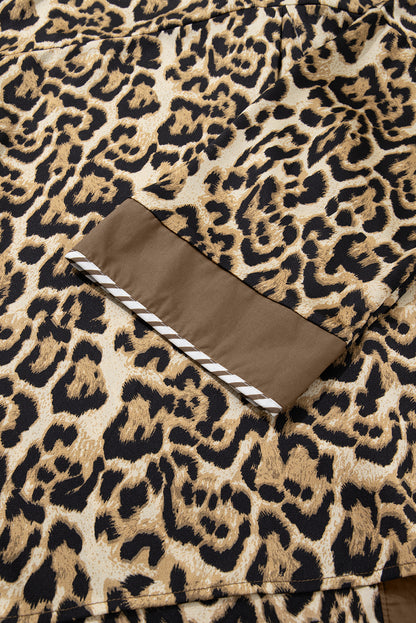 Brown Leopard Collared 3/4 Sleeve Shirt and Loose Pants Two Piece Outfit Set