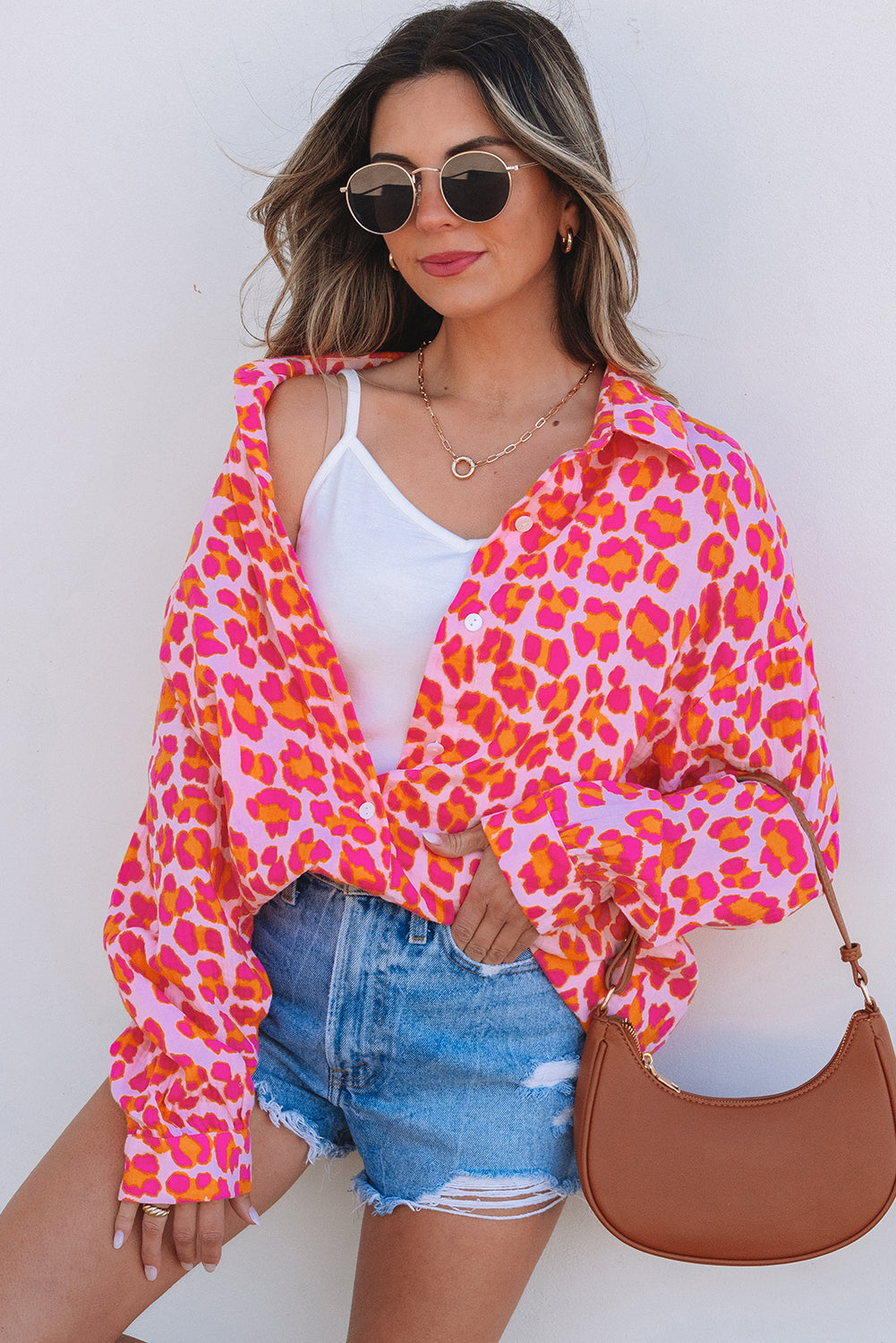 Rose Leopard Printed Button Up Loose Shirt - Aaria Tees