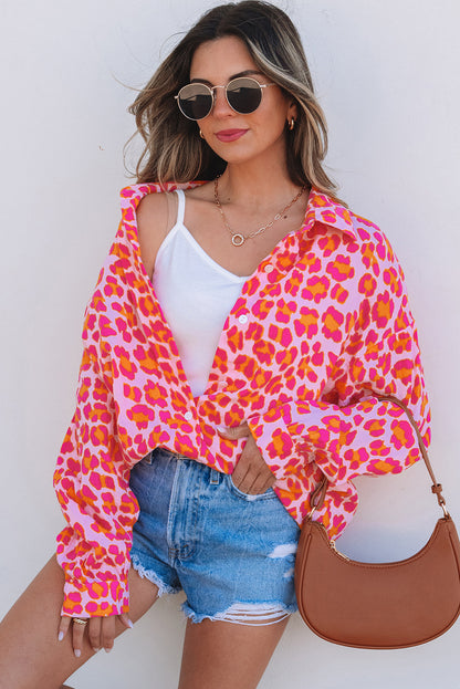 Rose Leopard Printed Button Up Loose Shirt - Aaria Tees