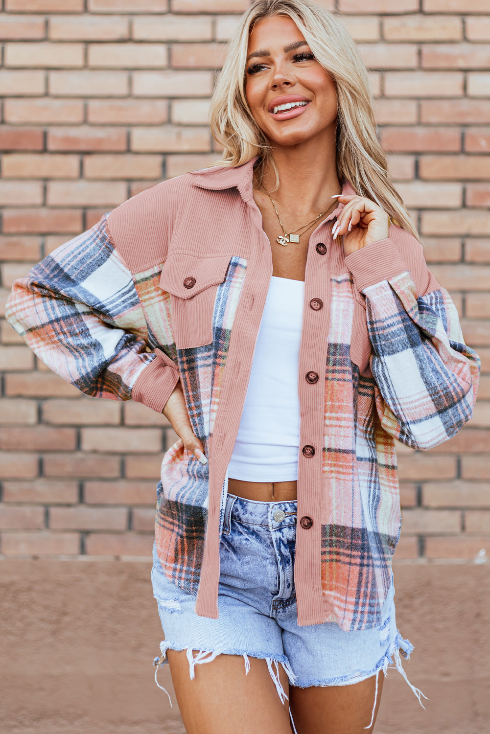 Nancy Plaid Corduroy Patchwork Shacket - Aaria Tees