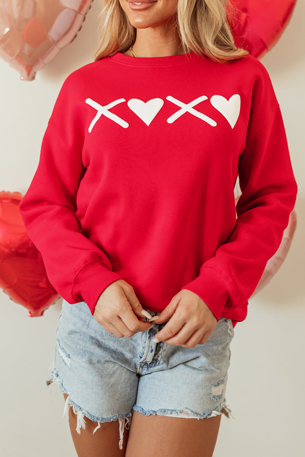 Red Puff XOXO Print Valentines Heart Sweatshirt - Aaria Tees