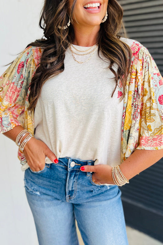 Beige Floral Patchwork Half Batwing Sleeve Blouse Aaria Tees