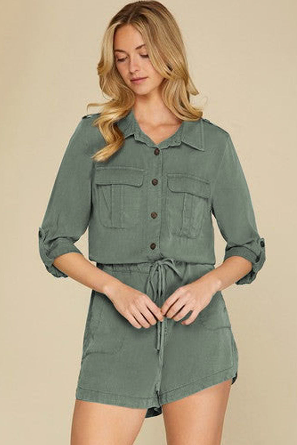 Reese Roll up Sleeve Flap Pockets Drawstring Romper Threaded Pear
