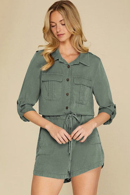Reese Roll up Sleeve Flap Pockets Drawstring Romper Threaded Pear