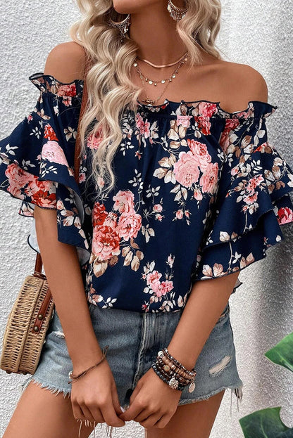Blue Ruffle Off Shoulder Flounce Sleeve Floral Blouse Aaria Tees