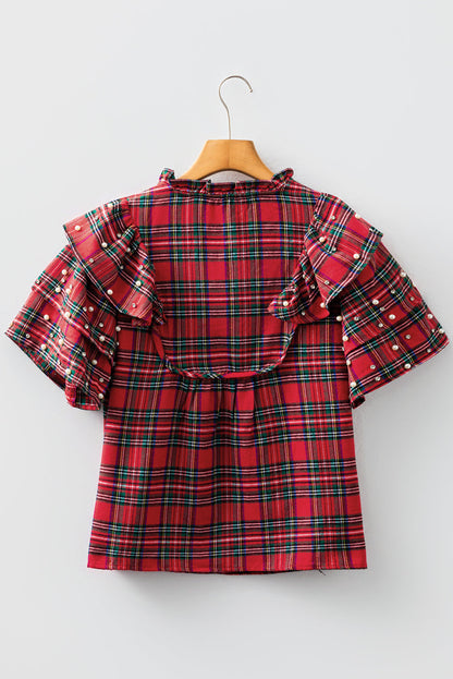 Christmas Plaid Pearl Embellished Ruffle Sleeve Blouse
