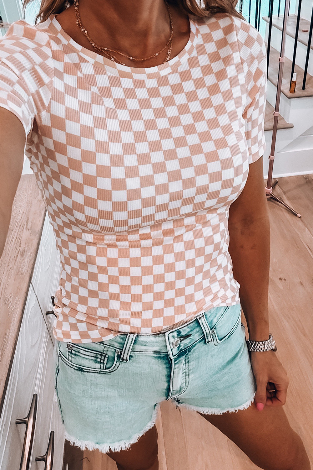 Black Checkered Ribbed Slim Fit Crew Neck T Shirt Aaria Tees