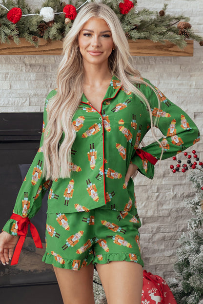 Christmas Bow Top and Ruffle Shorts Pajama Set