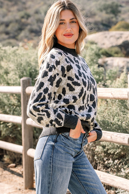 Leopard Contrast Trim Drop Shoulder Sweater
