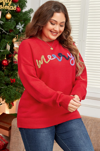 Plus Size Christmas Merry Tinsel Drop Shoulder Sweater