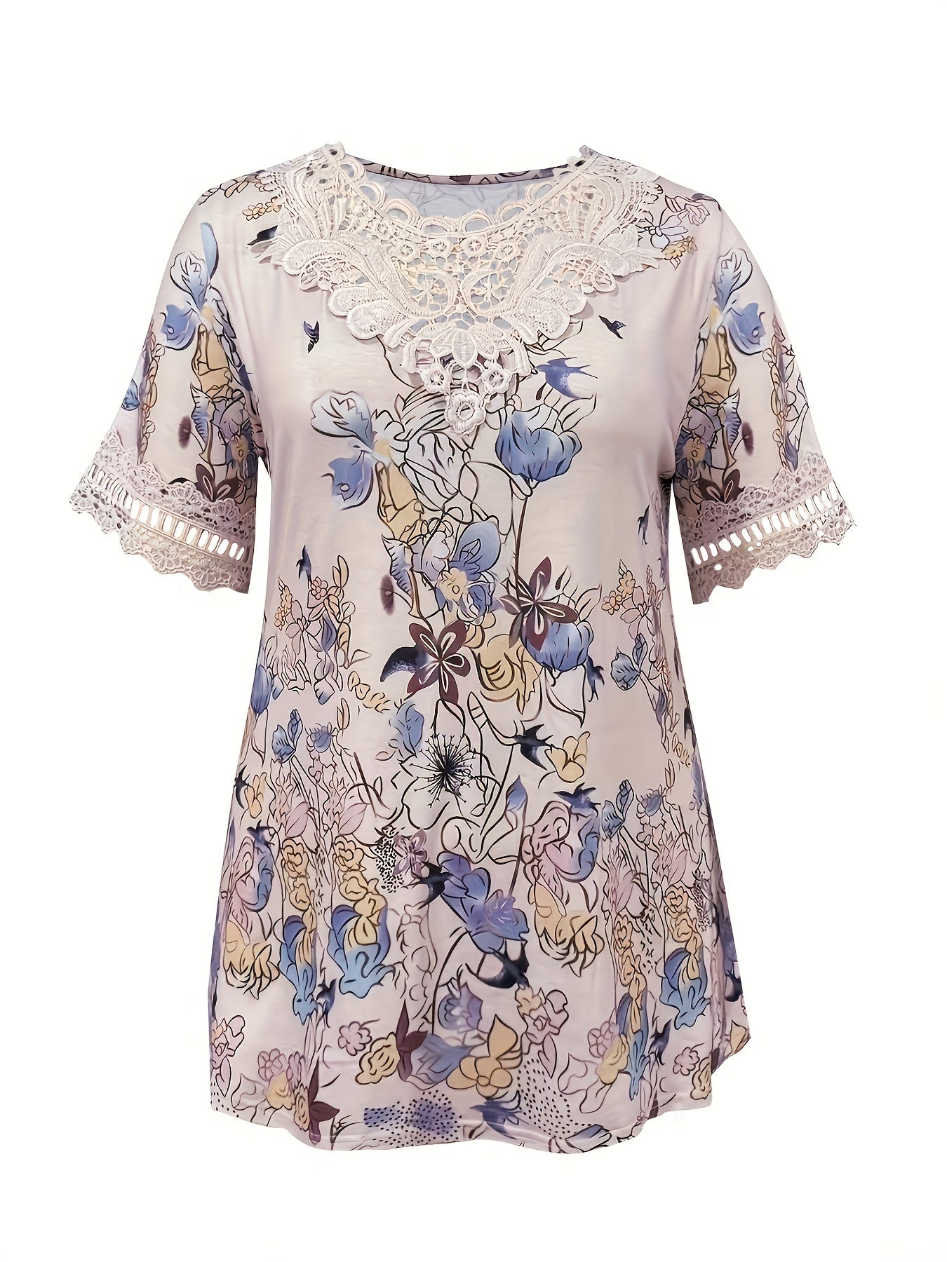 Stretchy Comfort Elegant Plus Size Floral Lace T-Shirt