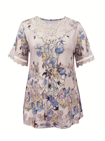 Stretchy Comfort Elegant Plus Size Floral Lace T-Shirt