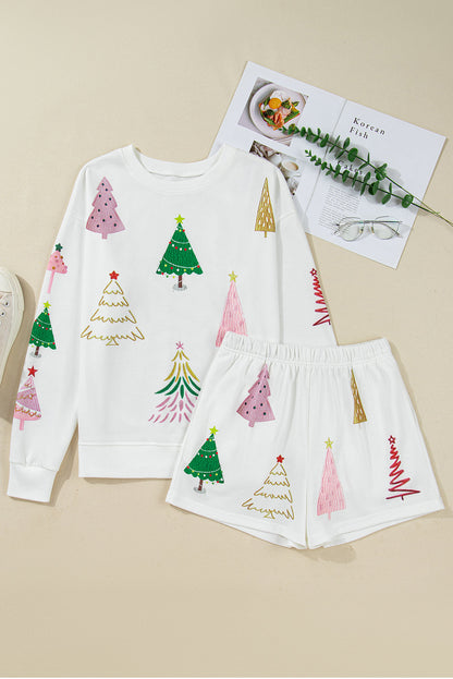 White Christmas Tree Long Sleeve Top and Shorts Pajama Set