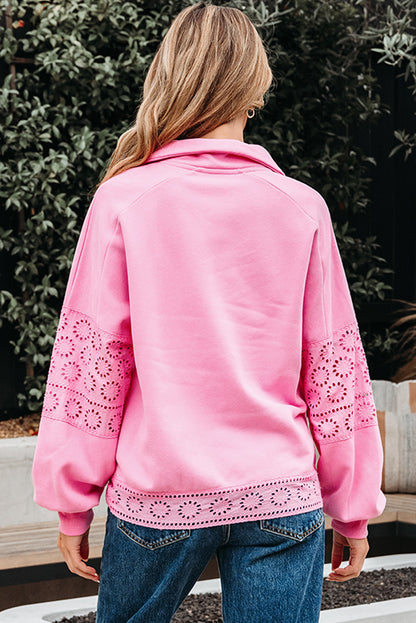 Yellow Cream Embroidered Flower Patchwork Snap Buttons Pullover Sweatshirt