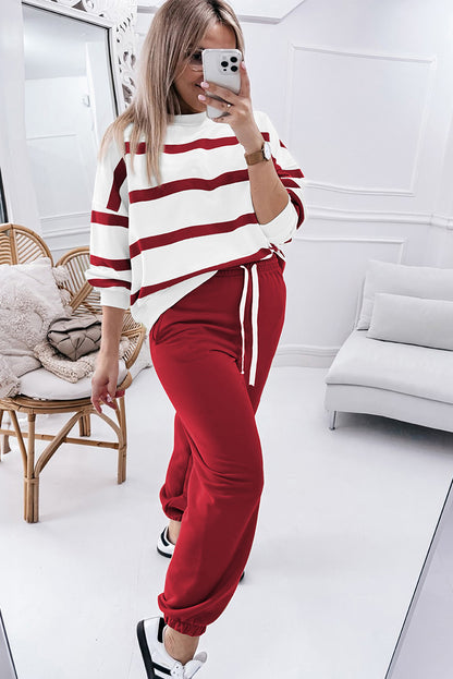 Brown Stripe Striped Drop Shoulder Pullover and Jogger Pants Set Aaria Tees