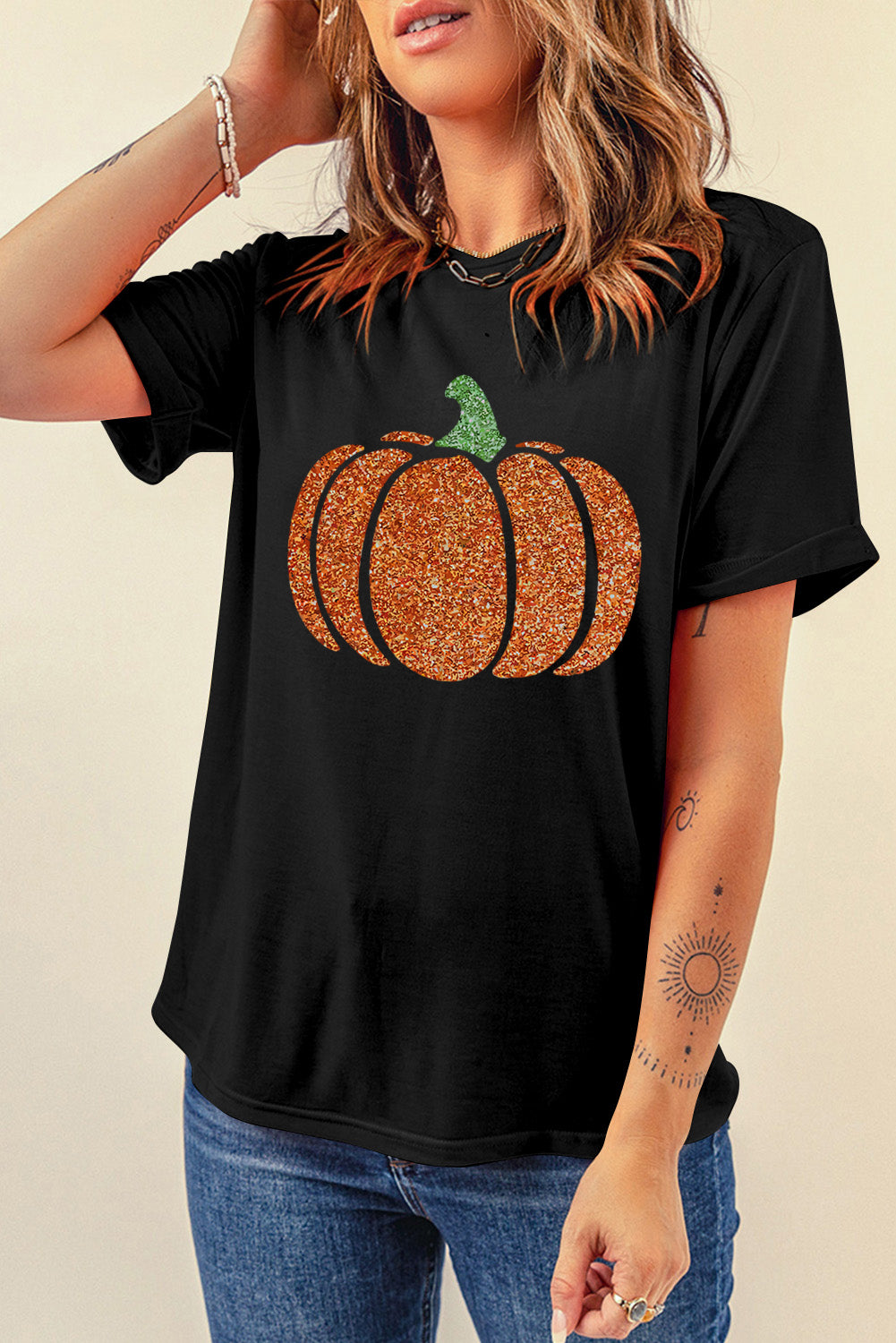 Glitter Pumpkin Round Neck Short Sleeve T-Shirt - Aaria Tees