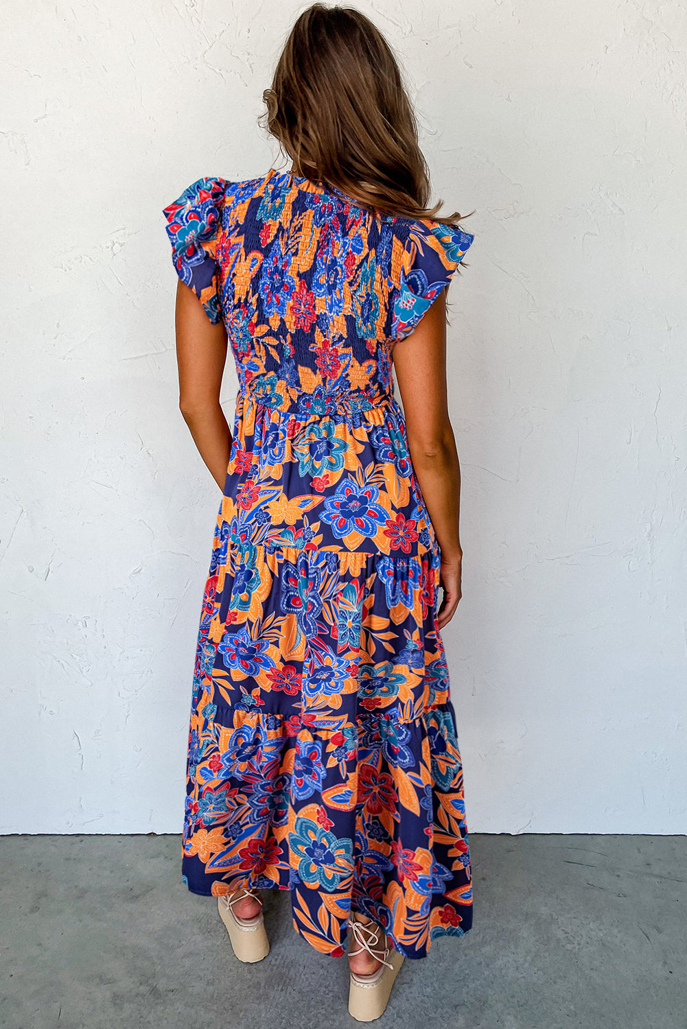 Dark Blue Boho Floral V Neck Ruffle Tiered Long Dress Aaria Tees