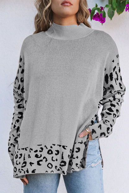Leopard Mock Neck Side Slit Sweater
