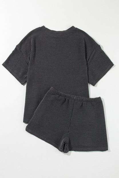 Solid Corded Short Sleeve Tee and Shorts Set