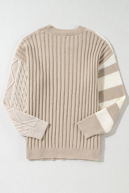 Cable Knit Color Block Crew Neck Sweater Threaded Pear