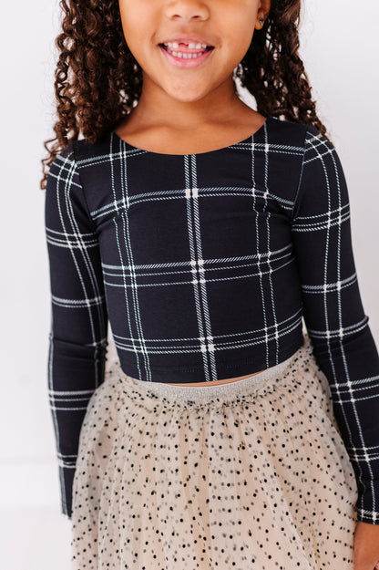 Black Plaid | CROPPED Bow Back Long Sleeve Top