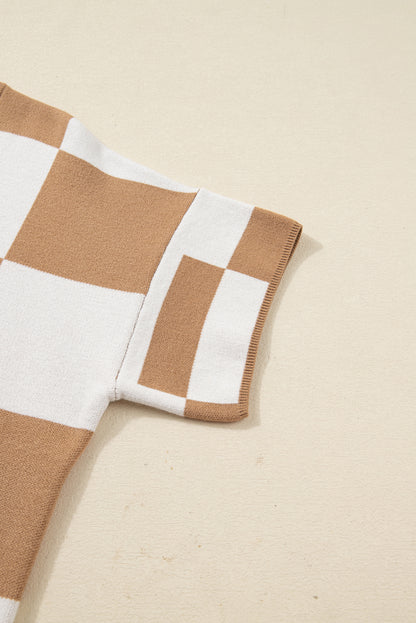 Light French Beige Plus Size Checkered Pattern Knit Short Sleeve Sweater