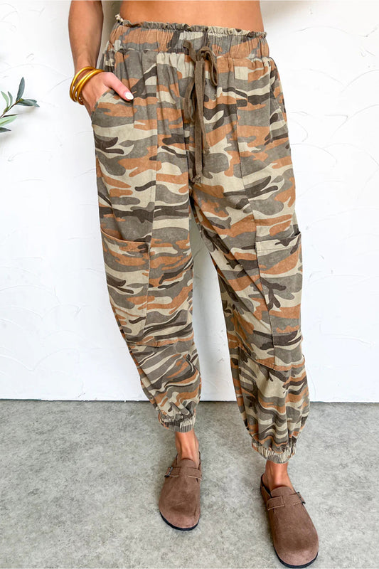 Green Camouflage Printed Drawstring Elastic Waist Jogger Pants