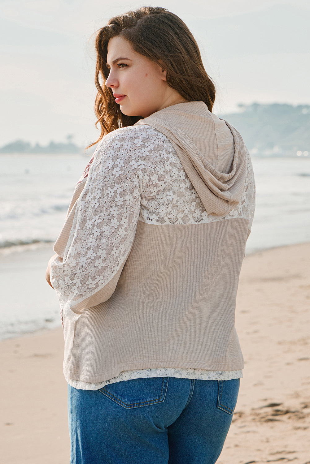 Khaki V Neck Floral Peace Sign Graphic Lace Patch Ribbed Plus Size Hooded Top - Aaria Tees