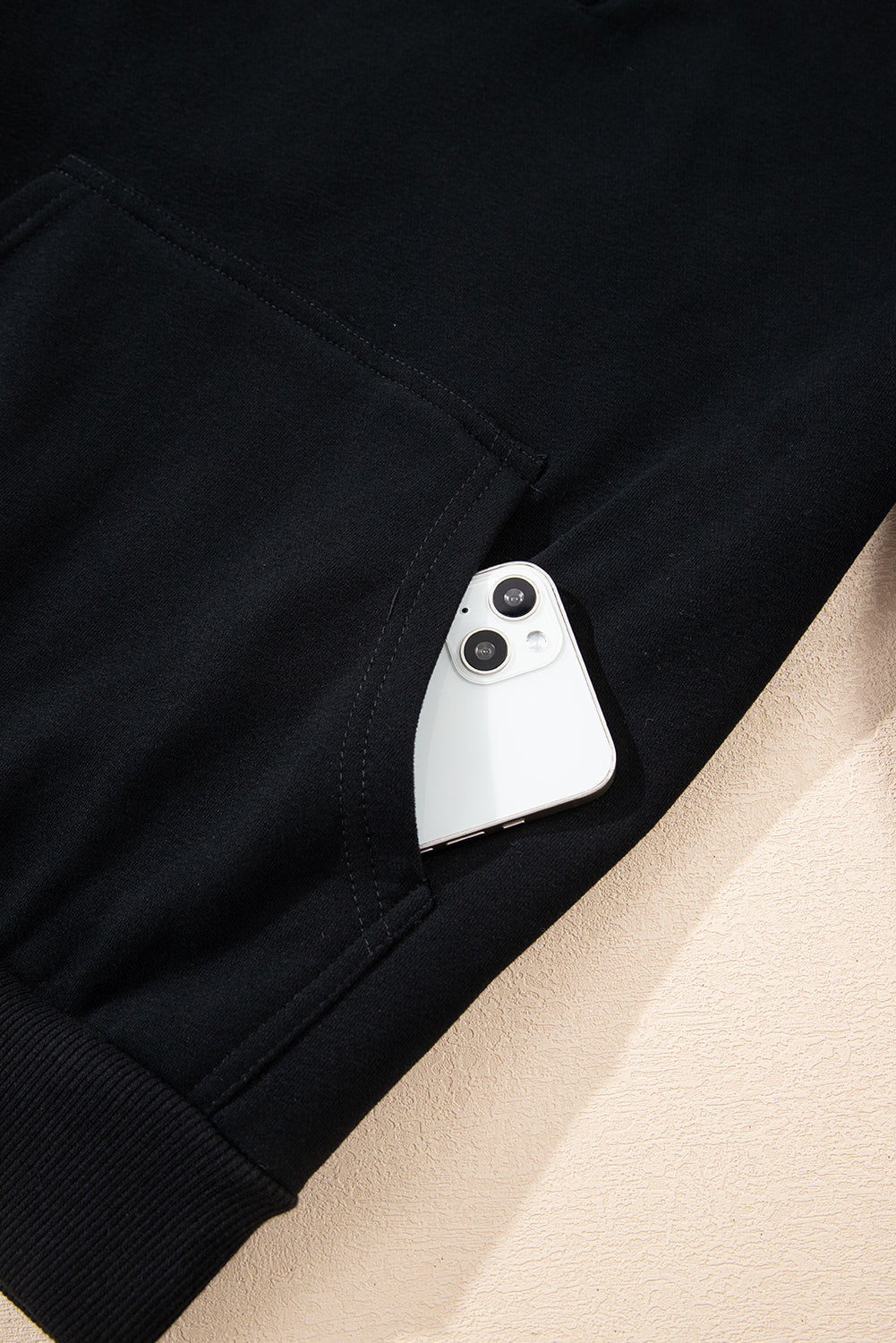 Black Button Drawstring Hooded Pullover and Casual Short Set