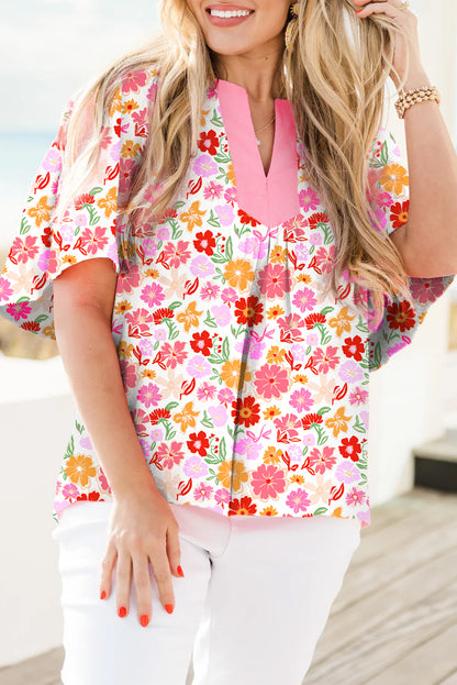 White Floral Split V Neck Wide Short Sleeve Plus Size Blouse Top