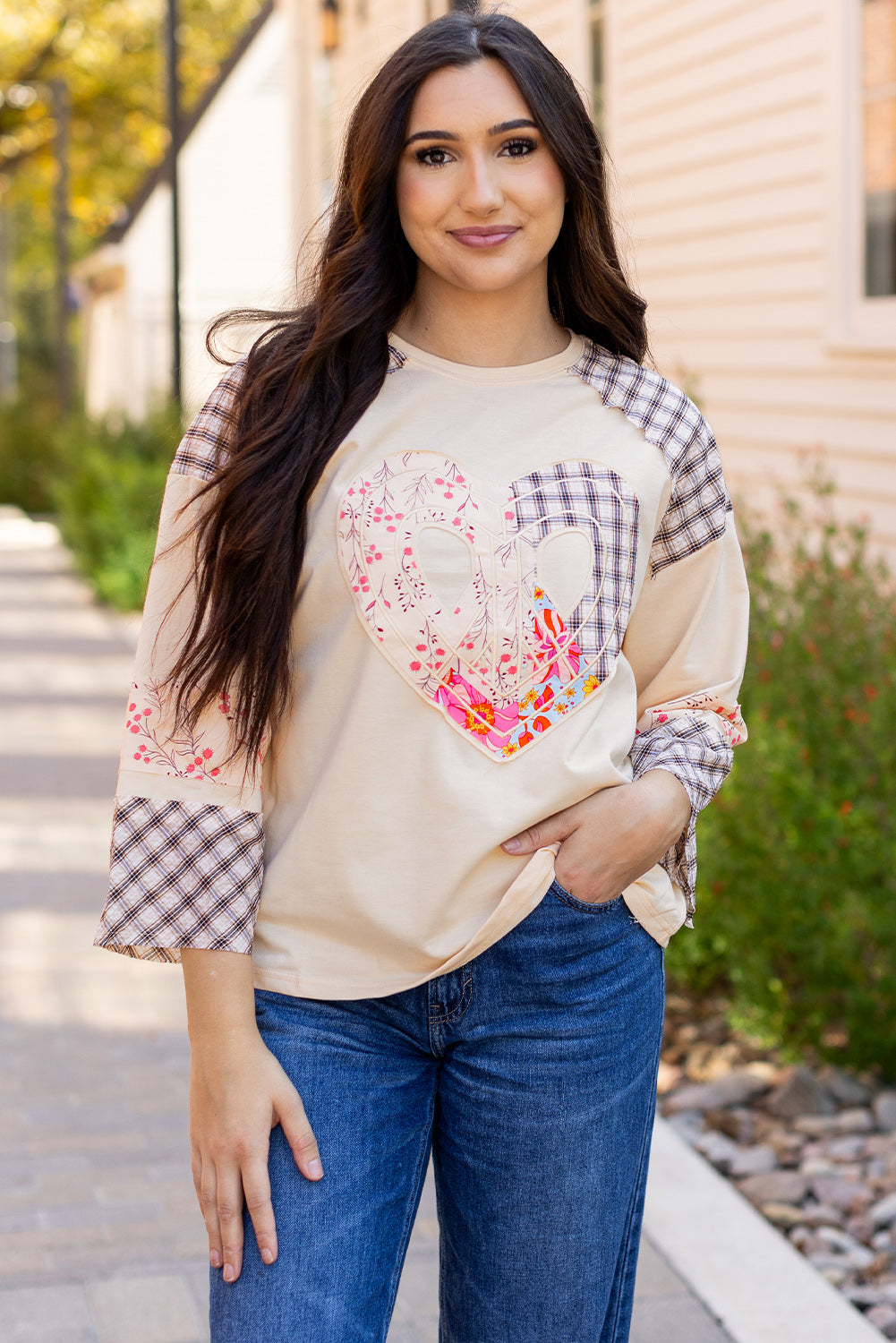 Beige Plaid Floral Peace Heart Graphic Wide Long Sleeve Top - Aaria Tees