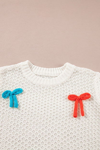 White Colorful Bow Knit Mock Neck Short Sleeve Sweater Aaria Tees