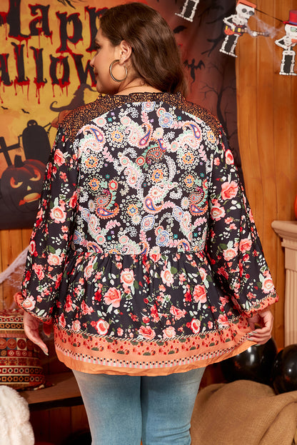 Black Plus Size Paisley Floral Print V Neck Bubble Sleeve Blouse Aaria Tees