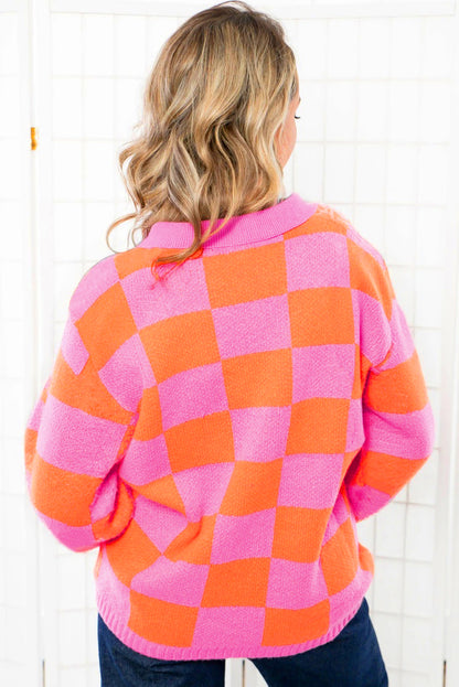 Sachet Pink Checkered Knit Polo Collar Baggy Sweater