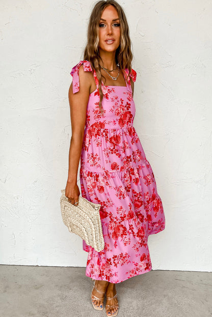 Pink Tie Shoulder Straps Tiered Floral Dress Aaria Tees