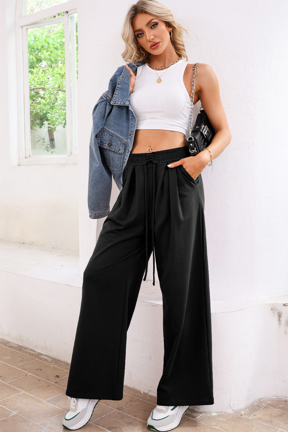 Black Tied Elastic High Waist Pleated Detail Solid Sweatpants