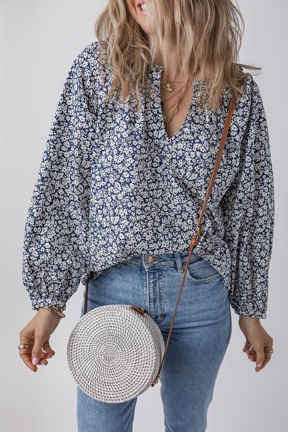 Blue Floral Print Notched V Neck Puff Sleeve Blouse Aaria Tees