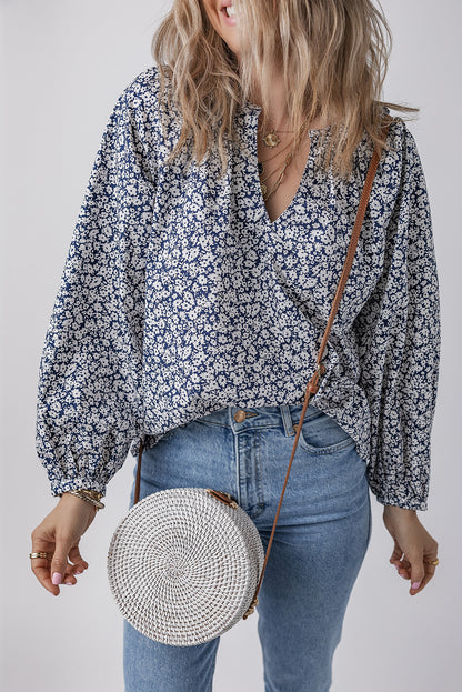 Blue Floral Print Notched V Neck Puff Sleeve Blouse Aaria Tees