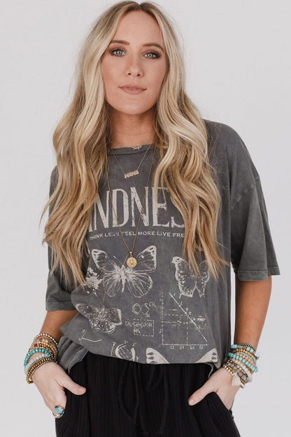 Dark Grey Kindness Butterflies Graphic Mineral Wash Loose Tee Aaria Tees