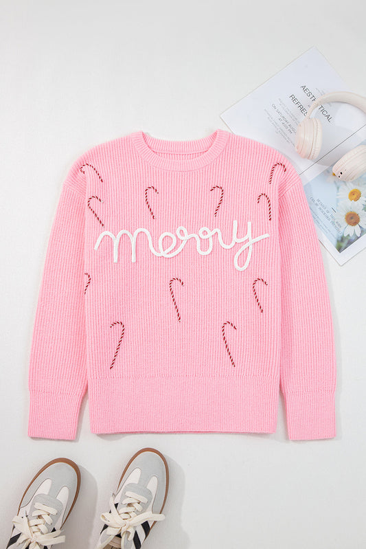 Merry Candy Cane Embroidered Crewneck Sweater