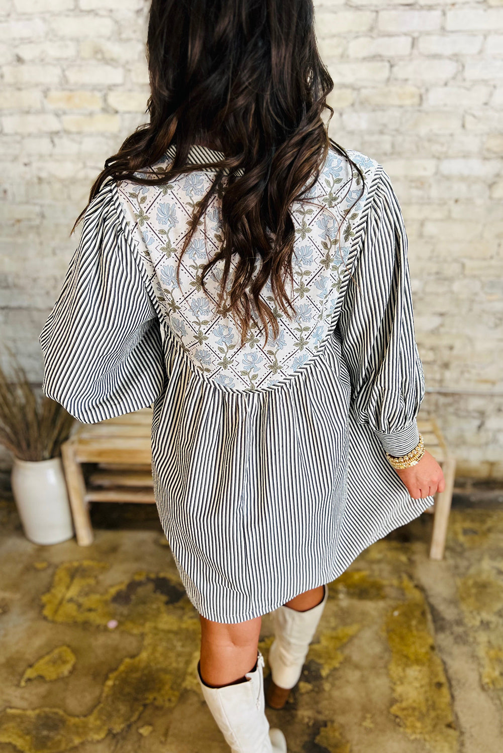 Black Stripe Floral Patchwork Tied V Neck Shift Long Sleeve Mini Dress Aaria Tees Aaria Tees