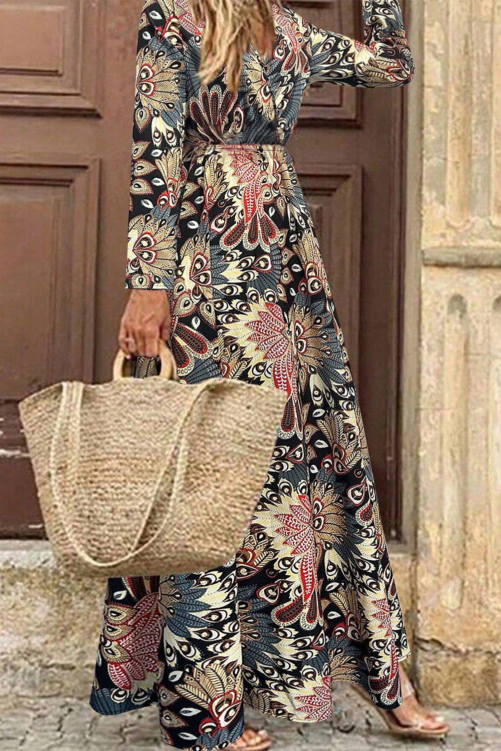 Black Floral Print V Neck Wrap High Waist Maxi Dress Aaria Tees