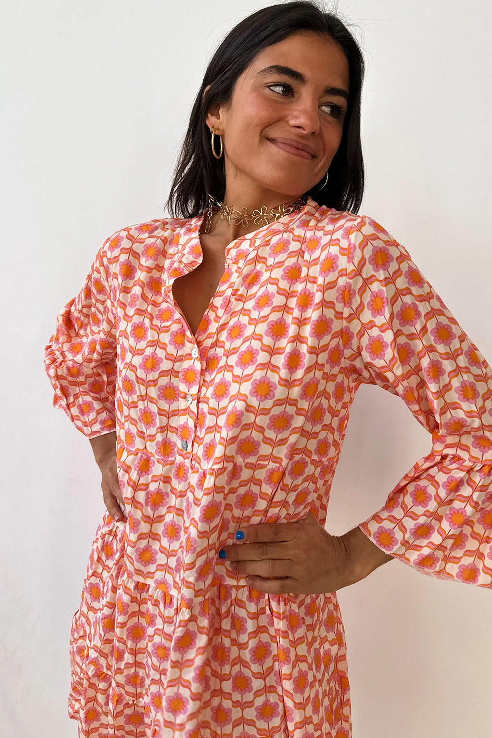 Orange Floral Print Flounce Sleeve Buttoned Front Mini Dress Aaria Tees